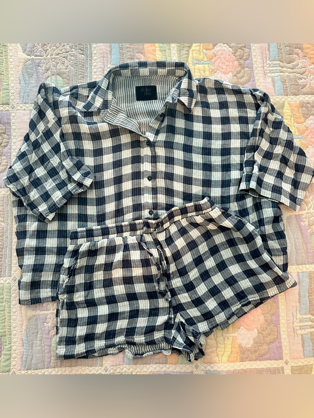 Stellae Dux Women’s 2 piece matching blue check button down shirt & shorts Med